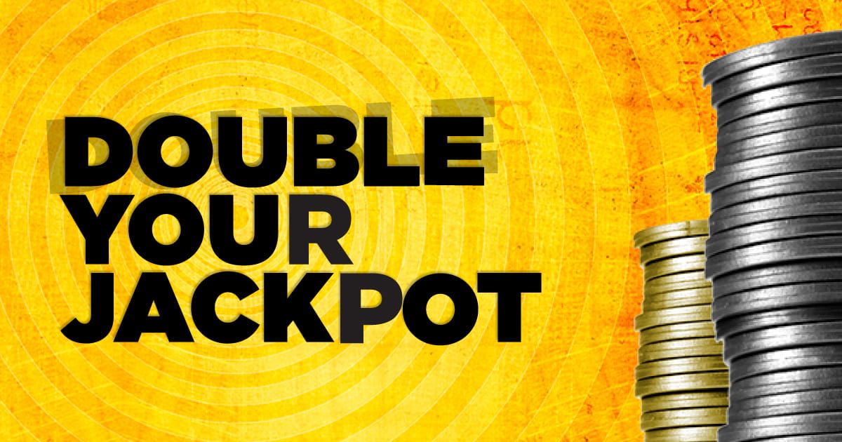 Stacks of silver and gold coins with bold black text that reads "DOUBLE YOUR JACKPOT" on a vibrant yellow background with concentric circles.