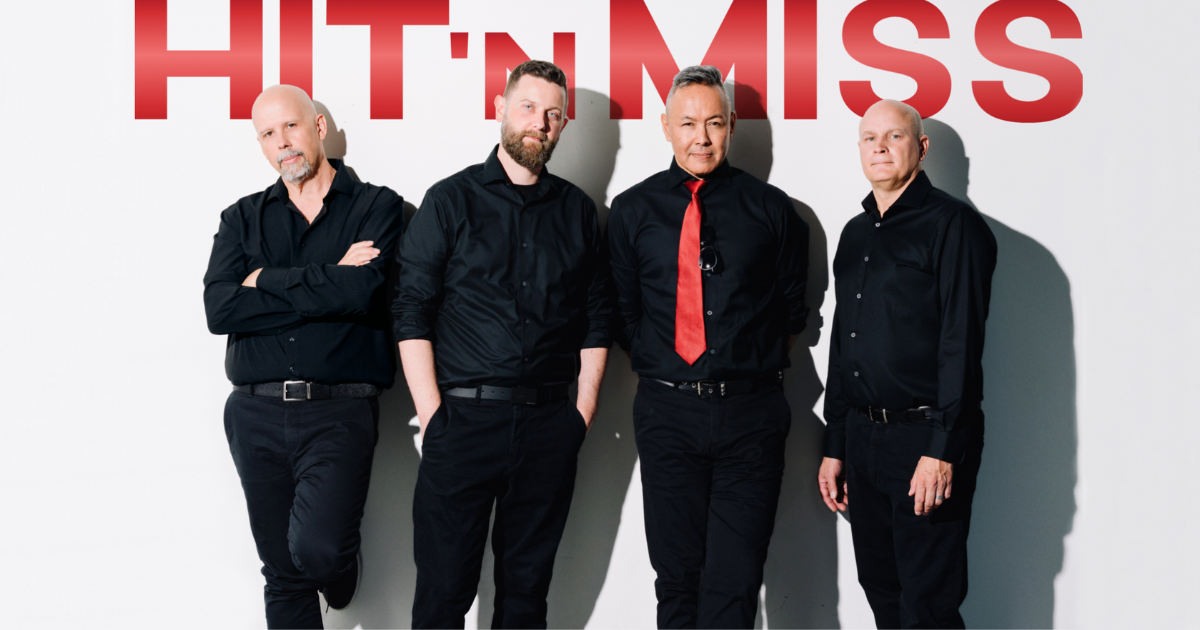 Four men dressed in black stand before a white wall with bold red “HIT 'n' MISS” text behind them. One man wears a red tie, whilst the others are in all-black outfits—together, they are The Guilty Party.
